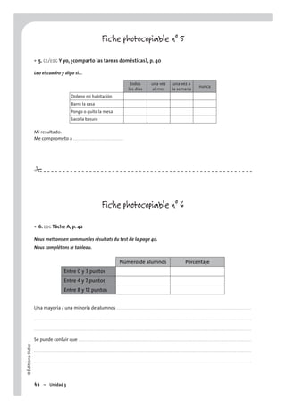 ©ÉditionsDidier
44 – Unidad 3
Fiche photocopiable n° 5
5. CE/EOC Y yo, ¿comparto las tareas domésticas?, p. 40
Leo el cuadro y digo si...
todos
los días
una vez
al mes
una vez a
la semana
nunca
Ordeno mi habitación
Barro la casa
Pongo o quito la mesa
Saco la basura
Mi resultado:
Me comprometo a . . . . . . . . . . . . . . . . . . . . . . . . . . . . . . . . . . . . .
Fiche photocopiable n° 6
6. EOC Tâche A, p. 42
Nous mettons en commun les résultats du test de la page 40.
Nous complétons le tableau.
Número de alumnos Porcentaje
Entre 0 y 3 puntos
Entre 4 y 7 puntos
Entre 8 y 12 puntos
Una mayoría / una minoría de alumnos . . . . . . . . . . . . . . . . . . . . . . . . . . . . . . . . . . . . . . . . . . . . . . . . . . . . . . . . . . . . . . . . . . . . . . . . . . . . . . . . . . . . . . . . . .
. . . . . . . . . . . . . . . . . . . . . . . . . . . . . . . . . . . . . . . . . . . . . . . . . . . . . . . . . . . . . . . . . . . . . . . . . . . . . . . . . . . . . . . . . . . . . . . . . . . . . . . . . . . . . . . . . . . . . . . . . . . . . . . . . . . . . . . . . . . . . . . . .
. . . . . . . . . . . . . . . . . . . . . . . . . . . . . . . . . . . . . . . . . . . . . . . . . . . . . . . . . . . . . . . . . . . . . . . . . . . . . . . . . . . . . . . . . . . . . . . . . . . . . . . . . . . . . . . . . . . . . . . . . . . . . . . . . . . . . . . . . . . . . . . . .
Se puede conluir que . . . . . . . . . . . . . . . . . . . . . . . . . . . . . . . . . . . . . . . . . . . . . . . . . . . . . . . . . . . . . . . . . . . . . . . . . . . . . . . . . . . . . . . . . . . . . . . . . . . . . . . . . . . . . . . . . . .
. . . . . . . . . . . . . . . . . . . . . . . . . . . . . . . . . . . . . . . . . . . . . . . . . . . . . . . . . . . . . . . . . . . . . . . . . . . . . . . . . . . . . . . . . . . . . . . . . . . . . . . . . . . . . . . . . . . . . . . . . . . . . . . . . . . . . . . . . . . . . . . . .
. . . . . . . . . . . . . . . . . . . . . . . . . . . . . . . . . . . . . . . . . . . . . . . . . . . . . . . . . . . . . . . . . . . . . . . . . . . . . . . . . . . . . . . . . . . . . . . . . . . . . . . . . . . . . . . . . . . . . . . . . . . . . . . . . . . . . . . . . . . . . . . . .
•
•
#
 