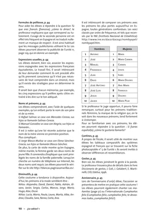 48 – ¿Lo sabías? 1
Formules de politesse, p. 44
Pour aider les élèves à répondre à la question Tú
que eres francés (francesa), ¿cómo lo dirías?, le
professeur expliquera que oye correspond au tu-
toiement. L’usage de la seconde personne est en
effet très fréquent en Espagne et ne traduit nulle-
ment un manque de respect : il est ainsi habituel
que les messages publicitaires utilisent le tú. Les
élèves pourront observer la publicité de l’unité 11,
page 129, qui en donne un exemple.
Expressions usuelles, p. 44
Les élèves doivent, bien sûr, associer les expres-
sions espagnoles avec les expressions françaises
équivalentes. Le travail ﬁni, il serait intéressant
de leur demander comment ils ont procédé aﬁn
qu’ils prennent conscience qu’il n’est pas néces-
saire de tout comprendre dans un énoncé, mais
qu’il existe des stratégies pour en déterminer le
sens.
Il serait bon que chacun mémorise, par exemple,
les cinq expressions qu’il préfère après s’être en-
traîné à les dire sur le ton adéquat.
Noms et prénoms, p. 44
Les élèves comprendront, avec l’aide de quelques
exemples, qu’un enfant porte le nom de son père
et de sa mère.
Si Rafael Salinas se casa con Mercedes Cereza, sus
hijos se llamarán Salinas-Cereza.
Si Manuel González se casa con Alegría, sus hijos se
llamarán…
Il est à noter qu’une loi récente autorise que le
nom de la mère vienne en première position.
Plus compliqué :
Si Jorge Blasco-Muñoz se casa con Elena Sánchez-
Gracia, sus hijos se llamarán Blasco-Sánchez.
De plus, la carte de visite montre qu’en Espagne,
même mariée, la femme garde ses deux noms de
jeune ﬁlle. Il conviendra d’expliquer que sont privi-
légiés les noms de la famille paternelle. Lorsqu’on
cherche un numéro de téléphone sur Internet, les
deux noms sont requis. Les élèves pourront le véri-
ﬁer sur le site http://blancas.paginasamarillas.es/.
Diminutifs, p. 44
Cette coutume a tendance à disparaître. Aujour-
d’hui, les prénoms à la mode semblent être :
Niños: Alejandro, David, Daniel, Pablo, Adrián, Ál-
varo, Javier, Sergio, Carlos, Marcos, Jorge, Mario,
Hugo, Alex, Oscar.
Niñas: Lucía, María, Paula, Laura, Marta, Alba, An-
drea, Claudia, Sara, Nerea, Carla, Ana.
Il est intéressant de comparer ces prénoms avec
les prénoms les plus portés aujourd’hui en Es-
pagne, toutes générations confondues. Les voici
classés par ordre de fréquence, et tels que recen-
sés par le INE (Instituto Nacional de Estadística):
http://www.ine.es/daco/daco42/nombyapel/
nombyapel.htm.
Hombres Mujeres
1 ANTONIO 1 MARÍA
2 JOSÉ 2 MARÍA CARMEN
3 MANUEL 3 CARMEN
4 FRANSISCO 4 JOSEFA
5 JUAN 5 ISABEL
6 DAVID 6 MARÍA DOLORES
7 JOSÉ ANTONIO 7 ANA MARÍA
8 JOSÉ LUIS 8 FRANSISCA
9 JESÚS 9 DOLORES
10 JAVIER 10 MARÍA PÍLAR
Si le professeur le juge opportun, il pourra faire
remarquer, surtout pour les prénoms tradition-
nels féminins, la marque de la religion qui, on le
voit dans les nouveaux prénoms, tend fortement
à s’estomper.
Pour se familiariser avec ces prénoms, les élè-
ves pourront répondre à la question : Si fueras
español(a), ¿cómo te gustaría llamarte?
Cantines, p. 45
À propos de l’école, il serait utile de montrer aux
élèves les tableaux comparatifs des systèmes
espagnol et français qui se trouvent sur la ﬁche
photocopiable n° 5 de l’unité 1. Ils seront invités à
observer différences et ressemblances.
Gestes, p. 45
Bien sûr, les élèves joindront le geste à la parole.
Le professeur trouvera plus de détails dans le livre
Diccionario de gestos, J. Coli, J. Gelabert, E. Marti-
nelli, CID, Edelsa, 1996.
Anniversaire, p. 45
Lors de l’anniversaire d’un(e) élève, l’occasion se
présentera de mettre en pratique cette coutume !
Les élèves pourront également chanter Las ma-
ñanitas (page 51) ou l’internationale Cumpleaños
feliz (Cumpleaños feliz, cumpleaños feliz, te desea-
mos todos, ¡cumpleaños feliz!).
 
