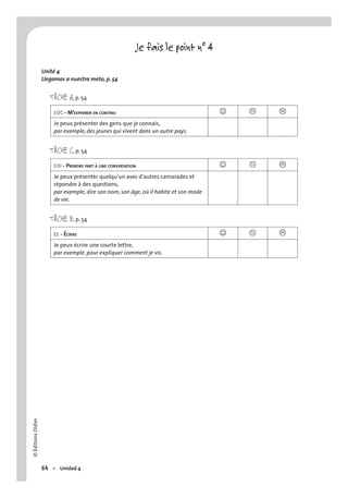 ©ÉditionsDidier
64 – Unidad 4
Je fais le point n° 4
Unité 4
Llegamos a nuestra meta, p. 54
TÂCHE A, p. 54
EOC - M’EXPRIMER EN CONTINU J K L
Je peux présenter des gens que je connais,
par exemple, des jeunes qui vivent dans un autre pays.
TÂCHE C, p. 54
EOI - PRENDRE PART À UNE CONVERSATION J K L
Je peux présenter quelqu’un avec d’autres camarades et
répondre à des questions,
par exemple, dire son nom, son âge, où il habite et son mode
de vie.
TÂCHE B, p. 54
EE - ÉCRIRE J K L
Je peux écrire une courte lettre,
par exemple, pour expliquer comment je vis.
 