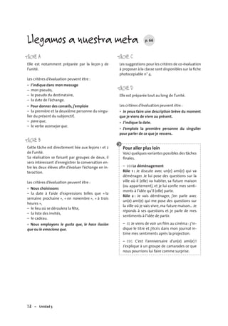 72 – Unidad 5
Llegamos a nuestra meta p. 66
TÂCHE A
Elle est notamment préparée par la leçon 3 de
l’unité.
Les critères d’évaluation peuvent être :
J’indique dans mon message
– mon pseudo,
– le pseudo du destinataire,
– la date de l’échange.
Pour donner des conseils, j’emploie
– la première et la deuxième personne du singu-
lier du présent du subjonctif,
– para que,
– le verbe aconsejar que.
TÂCHE B
Cette tâche est directement liée aux leçons 1 et 2
de l’unité.
Sa réalisation se faisant par groupes de deux, il
sera intéressant d’enregistrer la conversation en-
tre les deux élèves aﬁn d’évaluer l’échange en in-
teraction.
Les critères d’évaluation peuvent être :
Nous choisissons
– la date à l’aide d’expressions telles que « la
semaine prochaine », « en novembre », « à trois
heures »,
– le lieu où se déroulera la fête,
– la liste des invités,
– le cadeau.
Nous employons le gusta que, le hace ilusión
que ou le emociona que.
•
•
•
•
TÂCHE C
Les suggestions pour les critères de co-évaluation
à proposer à la classe sont disponibles sur la ﬁche
photocopiable n° 4.
TÂCHE D
Elle est préparée tout au long de l’unité.
Les critères d’évaluation peuvent être :
Je peux faire une description brève du moment
que je viens de vivre au présent.
J’indique la date.
J’emploie la première personne du singulier
pour parler de ce que je ressens.
Pour aller plus loin
Voici quelques variantes possibles des tâches
ﬁnales.
– EOI Le déménagement
Rôle 1 : Je discute avec un(e) ami(e) qui va
déménager. Je lui pose des questions sur la
ville où il (elle) va habiter, sa future maison
(ou appartement), et je lui conﬁe mes senti-
ments à l’idée qu’il (elle) parte.
Rôle 2 : Je vais déménager, j’en parle avec
un(e) ami(e) qui me pose des questions sur
la ville où je vais vivre, ma future maison… Je
réponds à ses questions et je parle de mes
sentiments à l’idée de partir.
– EE Je viens de voir un ﬁlm au cinéma : j’in-
dique le titre et j’écris dans mon journal in-
time mes sentiments après la projection.
– EOC C’est l’anniversaire d’un(e) ami(e) !
J’explique à un groupe de camarades ce que
nous pourrions lui faire comme surprise.
•
•
•
 