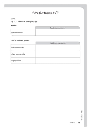 ©ÉditionsDidier
Unidad 6 – 89
Fiche photocopiable n° 3
CD 44
3. CO La comida de los mayas, p. 73
Nombro :
Palabras o expresiones
cuatro alimentos
Entre los alimentos, apunto :
Palabras o expresiones
el más importante
el que les encantaba
su preparación
•
 