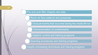 Pre and post filter integrity test data
Room air flow patterns and pressures
Unusual events that occurred during the media fill run
Characterization of contaminants
Hygienic control and training programs
Gowning procedures and training programs
Aseptic processing techniques and training programs
37
 