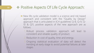  Positive Aspects Of Life Cycle Approach:
 New life cycle validation model is a science and risk based
approach and consistent with the “Quality by Design”
approach that is articulated in ICH guidelines Q-8, Q-9, Q-
10 & Q11, positive aspects of the new approach are as
follows:
1. Robust process validation approach will lead to
consistent and reliable quality of product.
2.Reduction in cost of quality, time and energy.
3.Ongoing statistical evaluation of data will detect the
trending at early stage to avoid potential failures at later
stages.
58
 