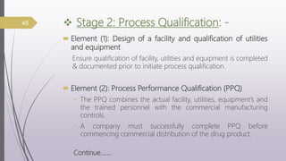  Stage 2: Process Qualification: -
 Element (1): Design of a facility and qualification of utilities
and equipment
Ensure qualification of facility, utilities and equipment is completed
& documented prior to initiate process qualification.
 Element (2): Process Performance Qualification (PPQ)
• The PPQ combines the actual facility, utilities, equipment’s and
the trained personnel with the commercial manufacturing
controls.
• A company must successfully complete PPQ before
commencing commercial distribution of the drug product.
Continue…….
45
 