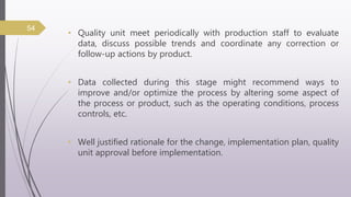 • Quality unit meet periodically with production staff to evaluate
data, discuss possible trends and coordinate any correction or
follow-up actions by product.
• Data collected during this stage might recommend ways to
improve and/or optimize the process by altering some aspect of
the process or product, such as the operating conditions, process
controls, etc.
• Well justified rationale for the change, implementation plan, quality
unit approval before implementation.
54
 