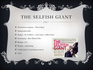 THE SELFISH GIANT
 Production company – Moon Spun
 Independent film
 Budget - $1.4 million – only made 1 million back
 Nominated – Best British Film
 Ratings- 4/5
 Posters – advertising
 2 male actors- Local drama school
 2014
 