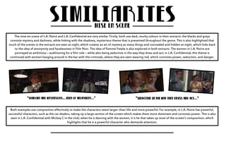 The mise en scene of L.A. Noire and L.A. Confidential are very similar. Firstly, both use dark, murky colours in their extracts: the blacks and greys 
connote mystery and darkness, while linking with the shadowy, mysterious theme that is presented throughout the genre. This is also highlighted that 
much of the scenes in the extracts are seen at night, which creates an air of mystery as many things and concealed and hidden at night, which links back 
to the idea of anonymity and facelessness in Film Noir. The idea of Femme Fetale is also explored in both extracts. The women in L.A. Noire are 
portrayed as ambitious – auditioning for a film role – while also being seductive in the way they dress and act; in L.A. Confidential, this theme is 
continued with women hanging around in the bar with the criminals, where they are seen wearing red, which connotes power, seduction, and danger. 
Both examples use composition effectively to make the characters seem larger-than-life and more powerful. For example, in L.A. Noire has powerful, 
successful characters, such as the car dealers, taking up a large section of the screen which makes them more dominant and connotes power. This is also 
seen in L.A. Confidential with Mickey C in the club; when he is dancing with the women, it is he that takes up most of the screen’s composition, which 
highlights that he is a powerful character who demands attention. 
 