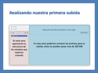 En esta zona
  aparecerán la    En esta zona podemos arrastrar los archivos para su
  estructura de      subida, estos no pueden pesar mas de 200 MB
las carpetas que
    vayamos
     creando
 