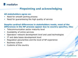 Pinpointing and acknowledging

All stakeholders agree on:
§  Need for smooth porting process
§  Need for guaranteeing the high quality of service

Despite cardinal differences in stakeholders needs, most of the
differences in the NP process appear due to country specifics, like;
§  Telecommunication sector maturity level
§  Availability of online services
§  Operators’ network development level and used technologies
§  IT and data bases development level
§  Regulation peculiarities and the level of NP experience
§  Business culture
§  Customs of the country



                                                                                    17
                                             NUMLEX –Smart Number Portability www.numlex.com
 