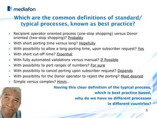 Which are the common definitions of standard/
        typical processes, known as best practice?
§    Recipient operator oriented process (one-stop shopping) versus Donor
      oriented (two-stop shopping)? Probably
§    With short porting time versus long? Hopefully
§    With possibility to allow a long porting time, upon subscriber request? Yes
§    With short cut-off time? Essential
§    With fully automated validations versus manual? If Possible
§    With possibility to port ranges of numbers? For sure
§    With possibility to cancel porting upon subscriber request? Depends
§    With possibility for the Donor operator to reject the porting? Most desired
§    Simple versus complex? Hmm…
                             Having this clear definition of the typical process,
                                                    which is best practice based,
                                           why do we have so different processes
                                                             in different countries?
                                                                                    5
 