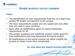 Simple process versus complex

Facts:

§  The identification of main requirements from the very beginning
    pushes NP project management to the success
§  The main requirements usually are very typical and very often
    they are used in many countries
§  Quite often all stakeholders agree on typical (standard)
    requirements for NP
§  The unclear questions and undefined answers create space for
    free modifications and long discussions during the project
§  All modifications to the typical process can either simplify the
    process or make it even more complicated


                       So, how does the typical process look like?

                                                                                  8
                                         NUMLEX –Smart Number Portability www.numlex.com
 