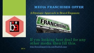 MEDIA FRANCHISES OFFER
A Strategic Approach to Brand Exposure
If you looking best deal for any
other media then fill this.
http://brandingactivity.com/BuySell.aspx
2014
 