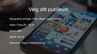 Velg ditt publikum
Geograﬁsk område: F.eks Skien (radius 40 km)
Alder: F.eks 25 - 55 år
Kjønn: Alle
Språk: Norsk
Interesse: Digital markedsføring
 