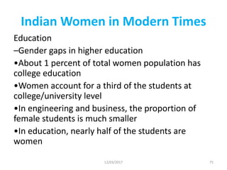 Indian Women in Modern Times
Education
–Gender gaps in higher education
•About 1 percent of total women population has
college education
•Women account for a third of the students at
college/university level
•In engineering and business, the proportion of
female students is much smaller
•In education, nearly half of the students are
women
12/03/2017 75
 