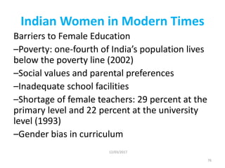 Indian Women in Modern Times
Barriers to Female Education
–Poverty: one-fourth of India’s population lives
below the poverty line (2002)
–Social values and parental preferences
–Inadequate school facilities
–Shortage of female teachers: 29 percent at the
primary level and 22 percent at the university
level (1993)
–Gender bias in curriculum
12/03/2017
76
 