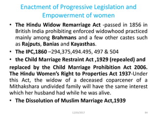 Enactment of Progressive Legislation and
Empowerment of women
• The Hindu Widow Remarriage Act -passed in 1856 in
British India prohibiting enforced widowhood practiced
mainly among Brahmans and a few other castes such
as Rajputs, Banias and Kayasthas.
• The IPC,1860 –294,375,494.495, 497 & 504
• the Child Marriage Restraint Act ,1929 (repealed) and
replaced by the Child Marriage Prohibition Act 2006.
The Hindu Women’s Right to Properties Act 1937-Under
this Act, the widow of a deceased coparcener of a
Mithakshara undivided family will have the same interest
which her husband had while he was alive.
• The Dissolution of Muslim Marriage Act,1939
12/03/2017 84
 