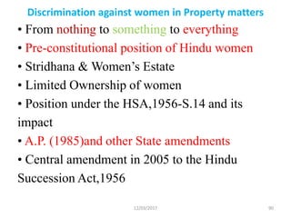 Discrimination against women in Property matters
• From nothing to something to everything
• Pre-constitutional position of Hindu women
• Stridhana & Women’s Estate
• Limited Ownership of women
• Position under the HSA,1956-S.14 and its
impact
• A.P. (1985)and other State amendments
• Central amendment in 2005 to the Hindu
Succession Act,1956
12/03/2017 90
 