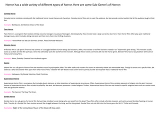 Horror has a wide variety of different types of horror. Here are some Sub-Genre’s of Horror:
Comedy-Horror
Comedy-Horror combines comedy with the traditional horror movie themes and characters. Comedy-Horror films aim to scare the audience, but also provide comical outlets that let the audience laugh at their
fear.
Examples: Beetlejuice, Zombieland, Shaun of the Dead.
Teen-Horror
Teen-Horror is a sub-genre that revolves entirely around a teenager or a group of teenagers. Stereotypically, these movies have a large cast and a clear hero .Teen-Horror films often play upon traditional
teenage issues, which includes dating and prom and then turns them into thrilling situations.
Examples: I Know What You Did Last Summer, Scream, Texas Chainsaw Massacre.
Monster-Horror
A Monster film is sub-genre of Horror that centres on a struggle between human beings and monsters. Often, the monster in the film has been created in an “experiment gone wrong.” The monster usually
assists as a villain and the film portrays a hero that ultimately saves the world from the monster. Although these movies commonly fall into the Horror genre, Monster films have a long tradition with Science-
Fiction and Fantasy films.
Examples: Aliens, Godzilla, Creature from the Black Lagoon.
Slasher
Slasher film is a sub-genre of Horror film that revolves around a psychopathic killer. This killer stalks and murders his victims in extremely violent and memorable ways. Though it centres on a specific killer, the
violence is what sets Slasher films apart from other horror films. A Slasher film will devote more screen time to portray murder and mayhem than a traditional Horror film.
Examples: Halloween, My Bloody Valentine, Black Christmas.
Supernatural-Horror
Supernatural-Horror film is a sub-genre that includes ghosts, demons, or other depictions of supernatural occurrences. Often, Supernatural-Horror films combine elements of religion into the plot. Common
themes in Supernatural-Horror films include the afterlife, the devil, and demonic possession. Unlike Religious Thrillers, Supernatural-Horror films are not limited to specific religious basics and can contain more
vivid and gruesome violence.
Examples: The Exorcist, The Ring, The Omen.
Zombie-Horror
Zombie horror is a sub-genre of a Horror film that portrays mindless human beings who are raised from the dead. These films often include a Zombie invasion, and centre around Zombies feasting on human
flesh. The plot of a Zombie film then revolves around the struggle between the living, and the living-dead. Zombie films not only falls into the Horror genre but Sci-Fi, Thriller and Comedy.
Examples: Night of the Living Dead, Shaun of the Dead, 28 Days Later.
 