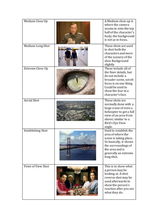 Medium Close Up A Medium close up is 
where the camera 
zooms in onto the top 
half of the character’s 
body; the background 
is not as in focus. 
Medium Long Shot These shots are used 
to shot both the 
characters and more 
of the scenery of the 
shot. Background 
slightly 
Extreme Close Up 
These include all of 
the finer details, but 
do not include a 
broader scene, sot eh 
focus is on one thing. 
Could be used to 
show the fear in a 
character’s face. 
Aerial Shot 
These shots are 
normally done with a 
large crane of even a 
helicopter to get a full 
view of an area from 
above; similar to a 
Bird’s Eye View 
angle. 
Establishing Shot 
Used to establish the 
area of where the 
scene is taking place. 
So basically, it shows 
the surroundings of 
the area and is 
generally an extreme 
long shot. 
Point of View Shot 
This is to show what 
a person may be 
looking at. A shot 
reverse shot may be 
used afterwards to 
show the person’s 
reaction after you see 
what they do. 
 