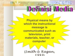 Physical means by
which the instructional
message is
communicated such as
television, print
materials, teacher, or
computer
(Smith & Ragan,

 