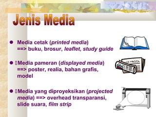  Media cetak (printed media)
==> buku, brosur, leaflet, study guide
Media pameran (displayed media)
==> poster, realia, bahan grafis,
model
Media yang diproyeksikan (projected
media) ==> overhead transparansi,
slide suara, film strip

 