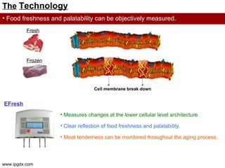 The Technology
• Food freshness and palatability can be objectively measured.
          Fresh




          Frozen




                                   Cell membrane break down


EFresh®
                    • Measures changes at the lower cellular level architecture.

                    • Clear reflection of food freshness and palatability.

                    • Meat tenderness can be monitored throughout the aging process.




www.ipgdx.com
 
