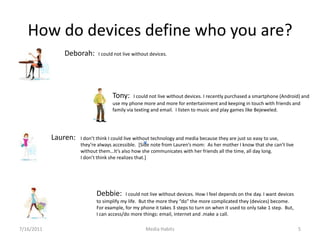How do devices define who you are?<br />Deborah:  I could not live without devices. <br />Tony:  I could not live without ...