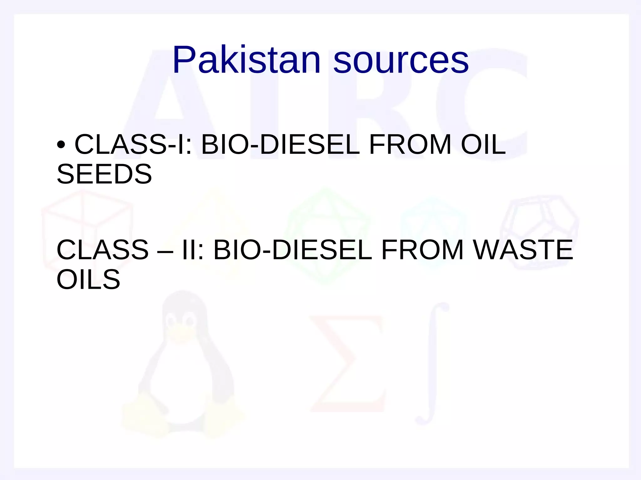 Pakistan sources

• • CLASS-I: BIO-DIESEL FROM OIL
  SEEDS
•
• CLASS – II: BIO-DIESEL FROM WASTE
  OILS
•
 