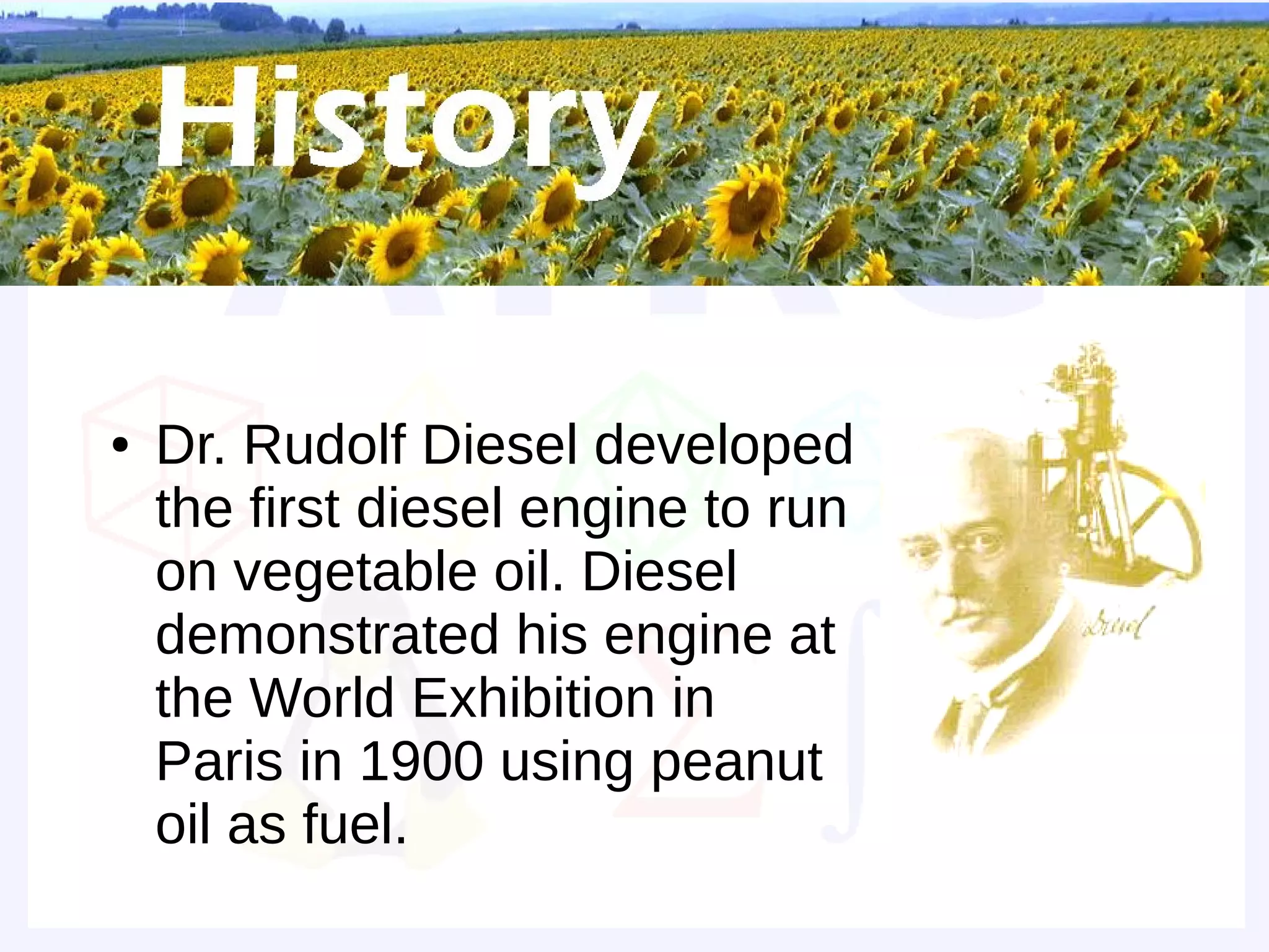 First diesel engine


●   Dr. Rudolf Diesel developed
    the first diesel engine to run
    on vegetable oil. Diesel
    demonstrated his engine at
    the World Exhibition in
    Paris in 1900 using peanut
    oil as fuel.
 