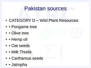 Pakistan sources
●   CATEGORY D – Wild Plant Resources
●   • Pongame tree
●   • Olive tree
●   • Hemp oil
●   • Oat seeds
●   • Milk Thistle
●   • Carthamus seeds
●   • Jatropha
 