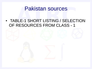 Pakistan sources
●   TABLE-1 SHORT LISTING / SELECTION
    OF RESOURCES FROM CLASS - 1
 
