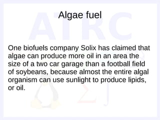 Algae fuel


One biofuels company Solix has claimed that
algae can produce more oil in an area the
size of a two car garage than a football field
of soybeans, because almost the entire algal
organism can use sunlight to produce lipids,
or oil.
 