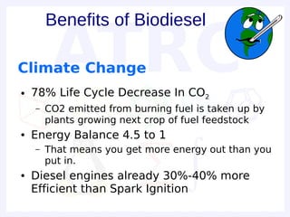 Benefits of Biodiesel

Climate Change
●   78% Life Cycle Decrease In CO2
    –   CO2 emitted from burning fuel is taken up by
        plants growing next crop of fuel feedstock
●   Energy Balance 4.5 to 1
    –   That means you get more energy out than you
        put in.
●   Diesel engines already 30%-40% more
    Efficient than Spark Ignition
 