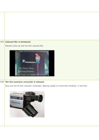 1963 Coloured film is introduced
Polaroid came out with the first coloured film.
1980 The first consumer camcorder is released
Sony put out the first consumer camcorder, allowing people to record their memories in real time.
 