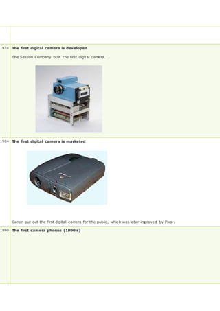 1974 The first digital camera is developed
The Sasson Company built the first digital camera.
1984 The first digital camera is marketed
Canon put out the first digital camera for the public, which was later improved by Pixar.
1990 The first camera phones (1990's)
 