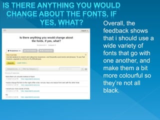 Overall, the
feedback shows
that i should use a
wide variety of
fonts that go with
one another, and
make them a bit
more colourful so
they’re not all
black.