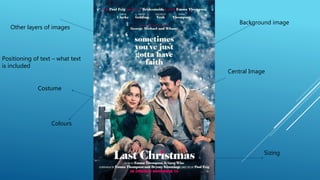 Central Image
Background image
Other layers of images
Positioning of text – what text
is included
Sizing
Colours
Costume
 