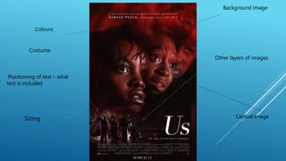 Background image
Central image
Other layers of images
Positioning of text – what
text is included
Sizing
Colours
Costume
 