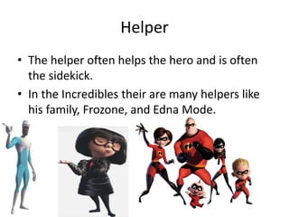 Helper
• The helper often helps the hero and is often
the sidekick.
• In the Incredibles their are many helpers like
his family, Frozone, and Edna Mode.
 