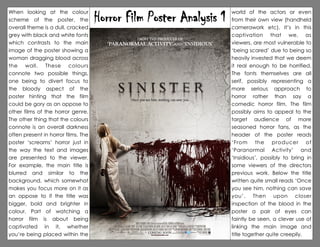 Horror Film Poster Analysis 1 world of the actors or even
from their own view (handheld
camerawork etc). It’s in this
captivation that we, as
viewers, are most vulnerable to
‘being scared’ due to being so
heavily invested that we deem
it real enough to be horrified.
The fonts themselves are all
serif, possibly representing a
more serious approach to
horror rather than say a
comedic horror film. The film
possibly aims to appeal to the
target audience of more
seasoned horror fans, as the
header of the poster reads
‘From the producer of
‘Paranormal Activity’ and
‘Insidious’, possibly to bring in
some viewers of the directors
previous work. Below the title
written quite small reads ‘Once
you see him, nothing can save
you’. Then upon closer
inspection of the blood in the
poster a pair of eyes can
faintly be seen, a clever use of
linking the main image and
title together quite creepily.
When looking at the colour
scheme of the poster, the
overall theme is a dull, cracked
grey with black and white fonts
which contrasts to the main
image of the poster showing a
woman dragging blood across
the wall. These colours
connote two possible things,
one being to divert focus to
the bloody aspect of the
poster hinting that the film
could be gory as an oppose to
other films of the horror genre.
The other thing that the colours
connote is an overall darkness
often present in horror films. The
poster ‘screams’ horror just in
the way the text and images
are presented to the viewer.
For example, the main title is
blurred and similar to the
background, which somewhat
makes you focus more on it as
an oppose to if the title was
bigger, bold and brighter in
colour. Part of watching a
horror film is about being
captivated in it, whether
you’re being placed within the
 