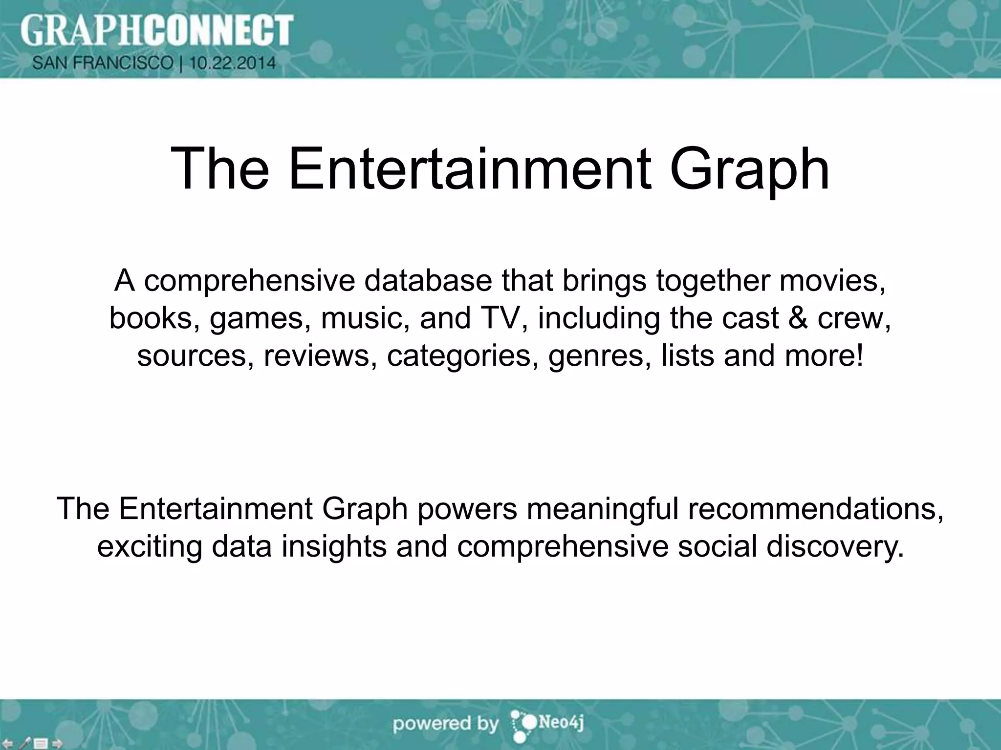 The Entertainment Graph 
A comprehensive database that brings together movies, 
books, games, music, and TV, including the cast & crew, 
sources, reviews, categories, genres, lists and more! 
The Entertainment Graph powers meaningful recommendations, 
exciting data insights and comprehensive social discovery. 
 