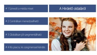 # 1 Szinesíti a média mixet
# 2 Centrálisan menedzselhető
# 3 Globálisan jól szegmentálható
# 4 Kis piacra, kis szegmenssel kérdés
A Hirdető oldaláról
 