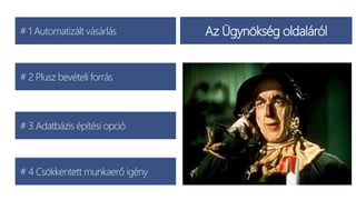 # 1 Automatizált vásárlás
# 2 Plusz bevételi forrás
# 3 Adatbázis építési opció
# 4 Csökkentett munkaerő igény
Az Ügynökség oldaláról
 