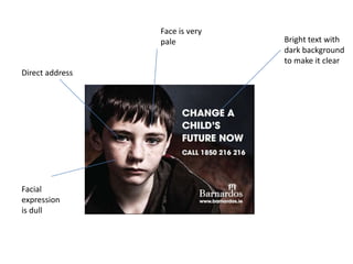 Face is very pale<br />Bright text with dark background to make it clear<br />Direct address<br />Facial expression is dul...