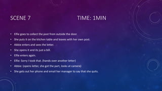 SCENE 7 TIME: 1MIN
• Elfie goes to collect the post from outside the door.
• She puts it on the kitchen table and leaves with her own post.
• Abbie enters and sees the letter.
• She opens it and its just a bill.
• Elfie enters again.
• Elfie: Sorry I took that. (hands over another letter)
• Abbie: (opens letter, she got the part, looks at camera)
• She gets out her phone and email her manager to say that she quits.
 