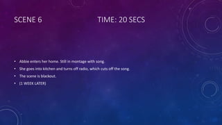 SCENE 6 TIME: 20 SECS
• Abbie enters her home. Still in montage with song.
• She goes into kitchen and turns off radio, which cuts off the song.
• The scene is blackout.
• (1 WEEK LATER)
 