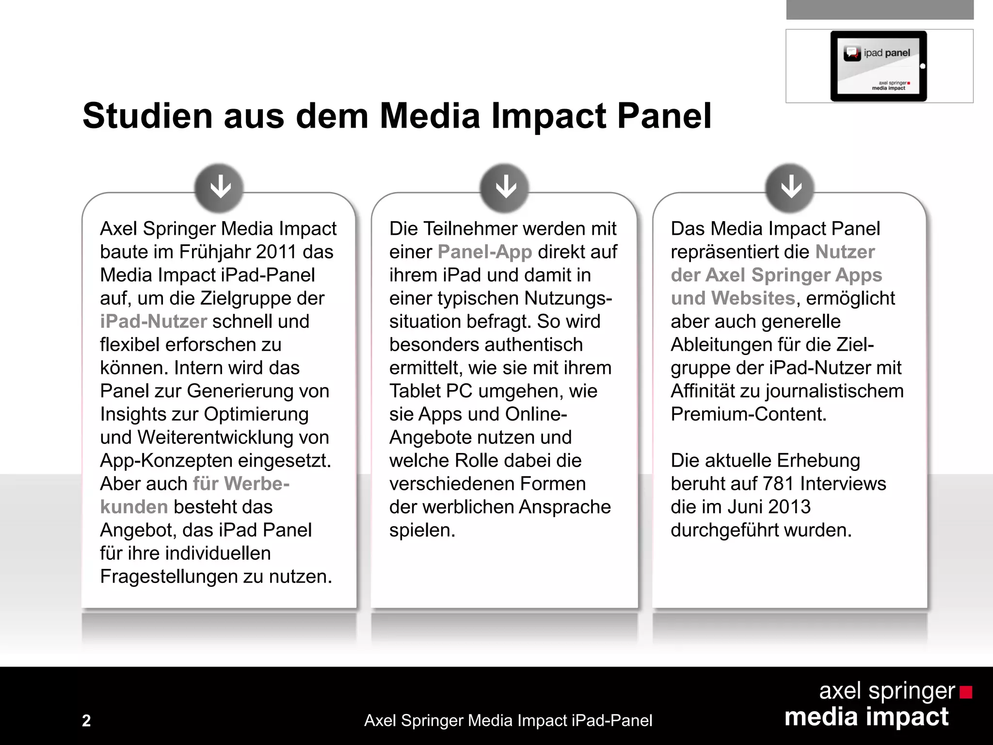 Axel Springer Media Impact
baute im Frühjahr 2011 das
Media Impact iPad-Panel
auf, um die Zielgruppe der
iPad-Nutzer schnell und
flexibel erforschen zu
können. Intern wird das
Panel zur Generierung von
Insights zur Optimierung
und Weiterentwicklung von
App-Konzepten eingesetzt.
Aber auch für Werbe-
kunden besteht das
Angebot, das iPad Panel
für ihre individuellen
Fragestellungen zu nutzen.
Die Teilnehmer werden mit
einer Panel-App direkt auf
ihrem iPad und damit in
einer typischen Nutzungs-
situation befragt. So wird
besonders authentisch
ermittelt, wie sie mit ihrem
Tablet PC umgehen, wie
sie Apps und Online-
Angebote nutzen und
welche Rolle dabei die
verschiedenen Formen
der werblichen Ansprache
spielen.
Das Media Impact Panel
repräsentiert die Nutzer
der Axel Springer Apps
und Websites, ermöglicht
aber auch generelle
Ableitungen für die Ziel-
gruppe der iPad-Nutzer mit
Affinität zu journalistischem
Premium-Content.
Die aktuelle Erhebung
beruht auf 781 Interviews
die im Juni 2013
durchgeführt wurden.
Studien aus dem Media Impact Panel
  
2 Axel Springer Media Impact iPad-Panel
 