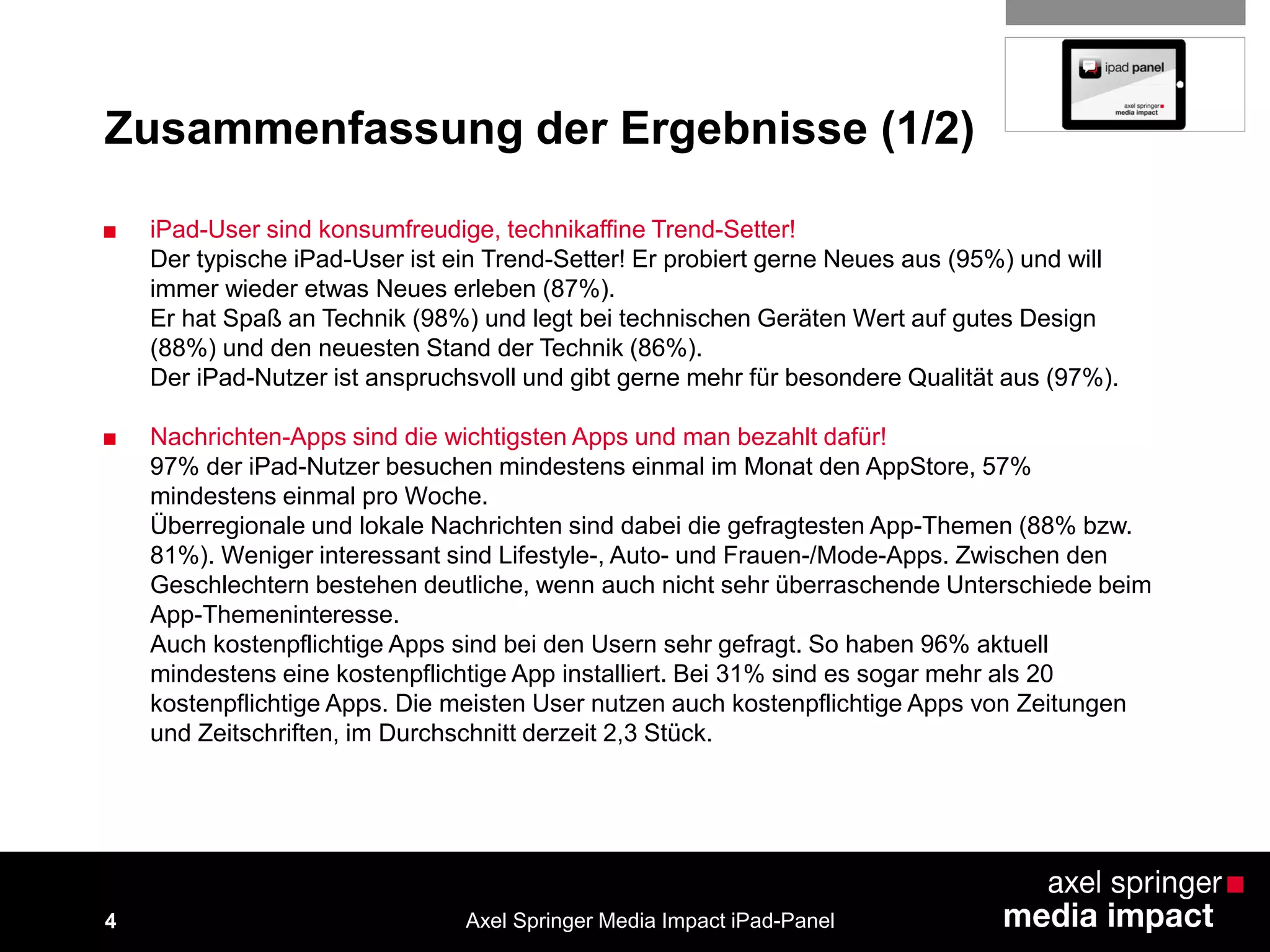 4
Zusammenfassung der Ergebnisse (1/2)
■ iPad-User sind konsumfreudige, technikaffine Trend-Setter!
Der typische iPad-User ist ein Trend-Setter! Er probiert gerne Neues aus (95%) und will
immer wieder etwas Neues erleben (87%).
Er hat Spaß an Technik (98%) und legt bei technischen Geräten Wert auf gutes Design
(88%) und den neuesten Stand der Technik (86%).
Der iPad-Nutzer ist anspruchsvoll und gibt gerne mehr für besondere Qualität aus (97%).
■ Nachrichten-Apps sind die wichtigsten Apps und man bezahlt dafür!
97% der iPad-Nutzer besuchen mindestens einmal im Monat den AppStore, 57%
mindestens einmal pro Woche.
Überregionale und lokale Nachrichten sind dabei die gefragtesten App-Themen (88% bzw.
81%). Weniger interessant sind Lifestyle-, Auto- und Frauen-/Mode-Apps. Zwischen den
Geschlechtern bestehen deutliche, wenn auch nicht sehr überraschende Unterschiede beim
App-Themeninteresse.
Auch kostenpflichtige Apps sind bei den Usern sehr gefragt. So haben 96% aktuell
mindestens eine kostenpflichtige App installiert. Bei 31% sind es sogar mehr als 20
kostenpflichtige Apps. Die meisten User nutzen auch kostenpflichtige Apps von Zeitungen
und Zeitschriften, im Durchschnitt derzeit 2,3 Stück.
Axel Springer Media Impact iPad-Panel
 