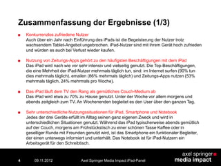 4
Zusammenfassung der Ergebnisse (1/3)
■ Konkurrenzlos zufriedene Nutzer
Auch über ein Jahr nach Einführung des iPads ist die Begeisterung der Nutzer trotz
wachsendem Tablet-Angebot ungebrochen. iPad-Nutzer sind mit ihrem Gerät hoch zufrieden
und würden es auch bei Verlust wieder kaufen.
■ Nutzung von Zeitungs-Apps gehört zu den häufigsten Beschäftigungen mit dem iPad
Das iPad wird nach wie vor sehr intensiv und vielseitig genutzt. Die Top-Beschäftigungen,
die eine Mehrheit der iPad-Nutzer mehrmals täglich tun, sind: im Internet surfen (90% tun
dies mehrmals täglich), emailen (86% mehrmals täglich) und Zeitungs-Apps nutzen (53%
mehrmals täglich, 24% mehrmals pro Woche).
■ Das iPad läuft dem TV den Rang als gemütliches Couch-Medium ab
Das iPad wird etwa zu 70% zu Hause genutzt. Unter der Woche vor allem morgens und
abends zeitgleich zum TV. An Wochenenden begleitet es den User über den ganzen Tag.
■ Sehr unterschiedliche Nutzungssituationen für iPad, Smartphone und Notebook
Jedes der drei Geräte erfüllt im Alltag seinen ganz eigenen Zweck und wird in
unterschiedlichen Situationen genutzt. Während das iPad typischerweise abends gemütlich
auf der Couch, morgens am Frühstückstisch zu einer schönen Tasse Kaffee oder in
geselliger Runde mit Freunden genutzt wird, ist das Smartphone ein funktionaler Begleiter,
der einen unterwegs informiert und unterhält. Das Notebook ist für iPad-Nutzern ein
Arbeitsgerät für den Schreibtisch.
Axel Springer Media Impact iPad-Panel09.11.2012
 