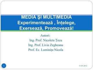 MEDIA ŞI MULTIMEDIA
    Experimentează , Înţelege,
     Exersează, Promovează!
                 Autori:
         Ing. Prof. Nicoleta Ţecu
        Ing. Prof. Livia Zegheanu
        Prof. Ec. Luminiţa Nicola



1                                   11.05.2012
 